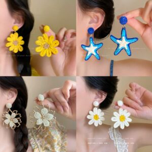 Wholesale [Holiday Island] Seaside Holiday Style Straw Sunflower Earrings Personality Elegant Skinny All-match Western Style Earrings