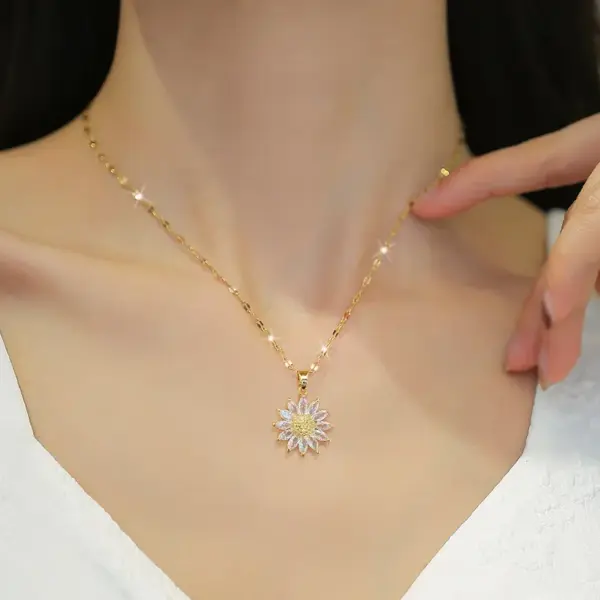 Wholesale Simple Style Classic Style Sunflower Titanium Steel Copper Inlay Artificial Gemstones Pendant Necklace
