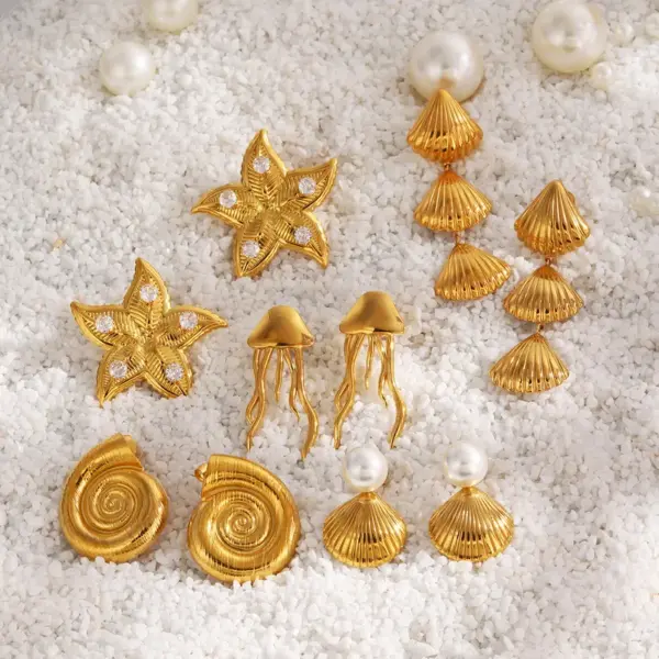 PVD Coated 18K Gold Plated Starfish Shell 304 Stainless Steel Casual Beach Waterproof Non Tarnish Rings Earrings