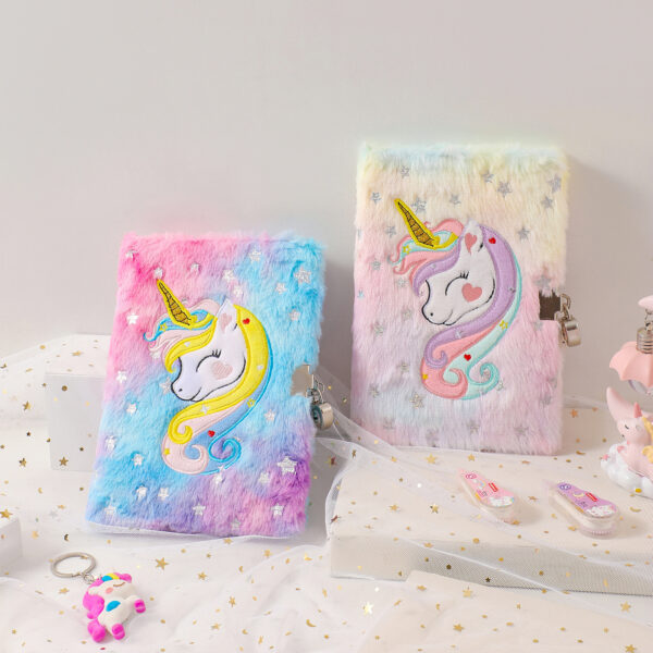 oly-69fd94e0e00f5fd8f755ad37b9012072 Wholesale Silver-stamped unicorn plush tie-dye notebook with lock