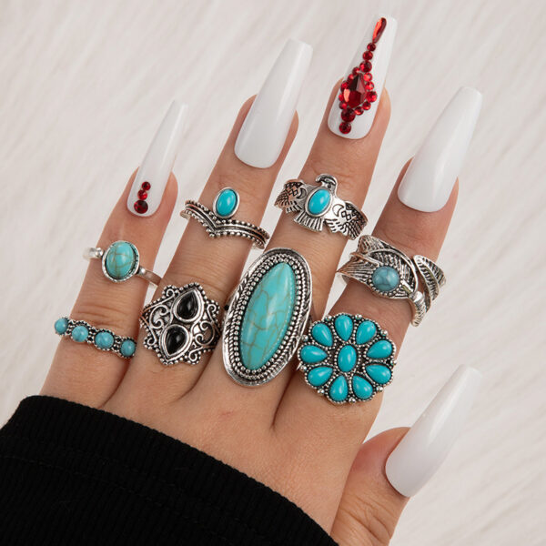 oly-6a0dc8b6647357fad6ac5a56a88ba73f Wholesale Vintage Antique Turquoise Inlaid Exaggerated Ring suit Flower Crown Leaves Eagle Joint Ring Eight-piece Set