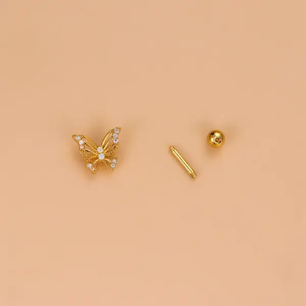 1 Piece 316L Stainless Steel Copper Zircon Ear Cartilage Rings & Studs Heart Shape Butterfly Waterproof Non Tarnish Surgical Steel