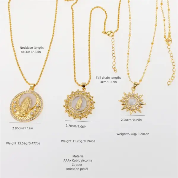 Copper 18K Gold Plated Enamel Inlay Round Virgin Mary Artificial Pearls Zircon Pendant Necklace