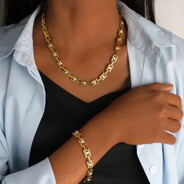 PVD Coated 18K Gold Real Gold Plated Square 304 Stainless Steel Casual Waterproof Non Tarnish Bracelets Necklace Jewelry Set