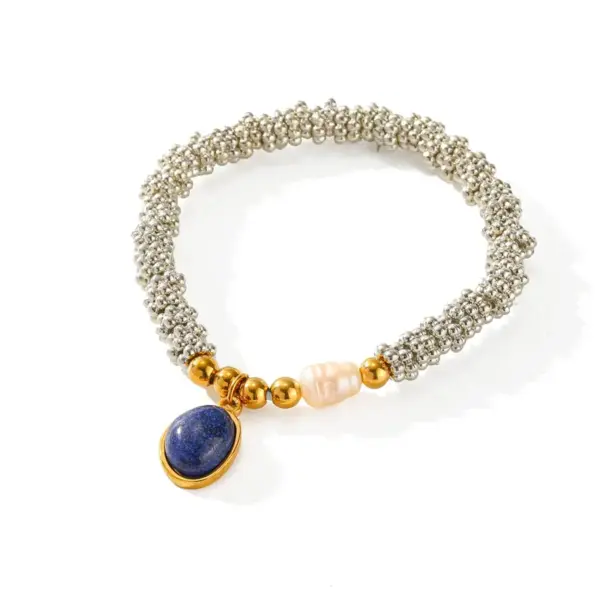 Wholesale Vacuum Electroplating (In Furnace) Plated 18K Real Gold Oval 304 Stainless Steel Freshwater Pearl Inlaid Bracelet