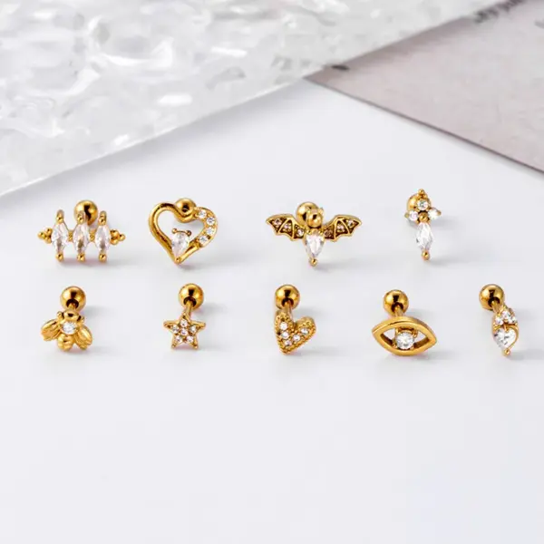 1 Piece 316L Stainless Steel Copper Zircon Ear Cartilage Rings & Studs Heart Shape Waterproof Non Tarnish Surgical Steel Ear Cartilage Rings & Studs