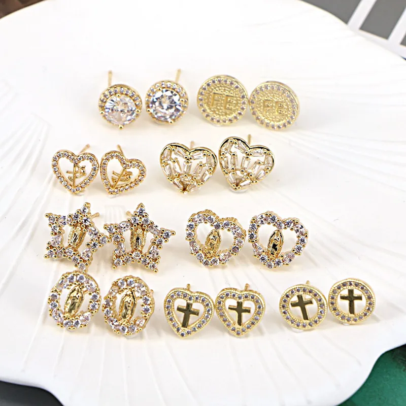 Wholesale Retro Cross Jesus Virgin Mary Earrings Female Copper Micro-set Zircon Earrings Wholesale