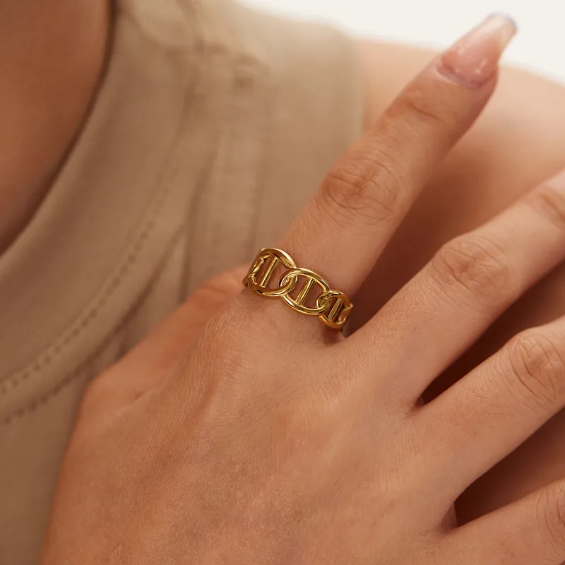 Wholesale PVD Coated Real Gold Plated 18K Gold Solid Color 304 Stainless Steel Nordic Style British Style African Style Waterproof Non Tarnish Open Ri