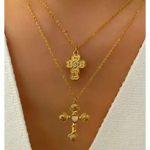 Wholesale 304 Stainless Steel Cross Rose PVD Coated Rhinestones Cat's Eye Stone Real Gold Plated Retro French Style Romantic Waterproof Non Tarnish Irregular Surgical Steel Cable Chain Lobster Trigger Clasp Closure Gold Pendant Necklace