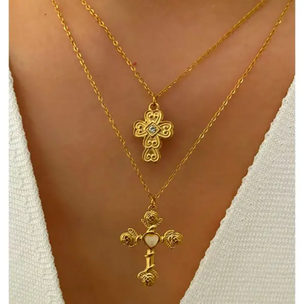 Wholesale 304 Stainless Steel Cross Rose PVD Coated Rhinestones Cat's Eye Stone Real Gold Plated Retro French Style Romantic Waterproof Non Tarnish Irregular Surgical Steel Cable Chain Lobster Trigger Clasp Closure Gold Pendant Necklace