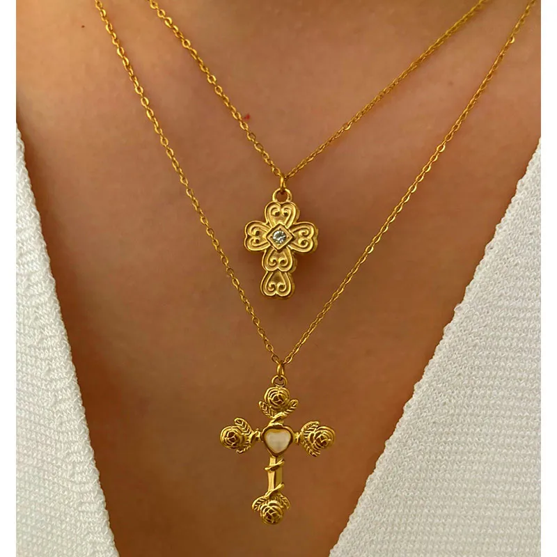 Wholesale 304 Stainless Steel Cross Rose PVD Coated Rhinestones Cat's Eye Stone Real Gold Plated Retro French Style Romantic Waterproof Non Tarnish Ir