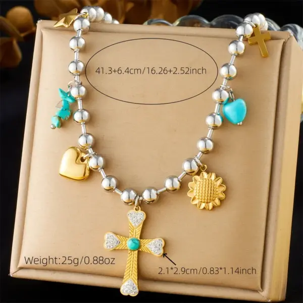 Wholesale Jewelry Modern Style Cross Heart Shape Bow Knot 304 Stainless Steel Plating Multi Charms Necklace Ball Chain