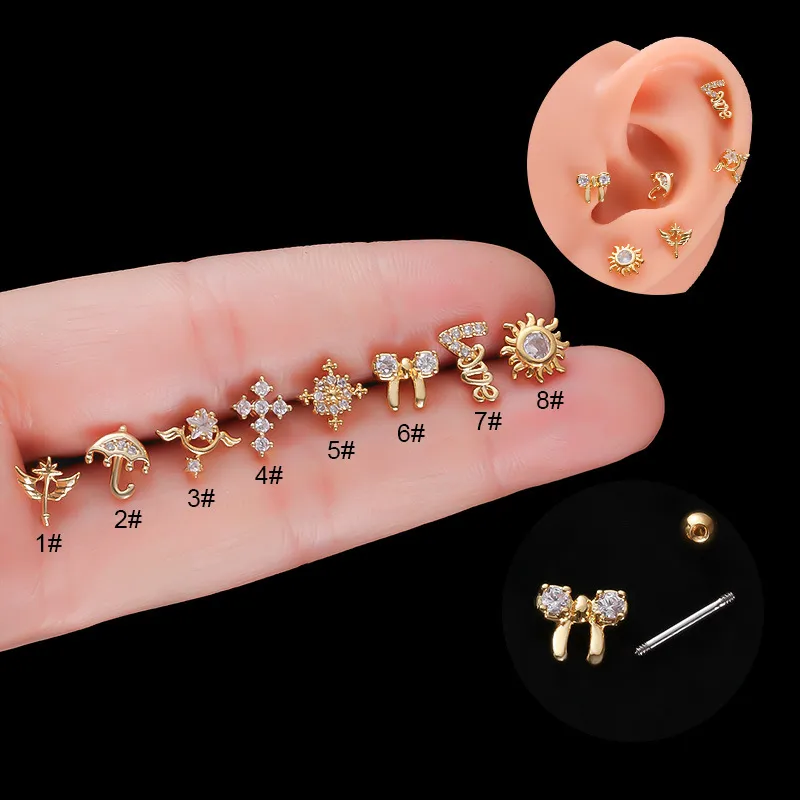 Wholesale 316L Stainless Steel Copper Zircon Ear Cartilage Rings & Studs Bow Knot Waterproof Non Tarnish Surgical Steel Women'S