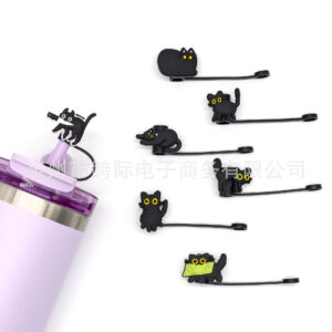Wholesale Cross-border cartoon black cat silicone straw cap straw silicone lid Stanley cup straw protective cover dust plug