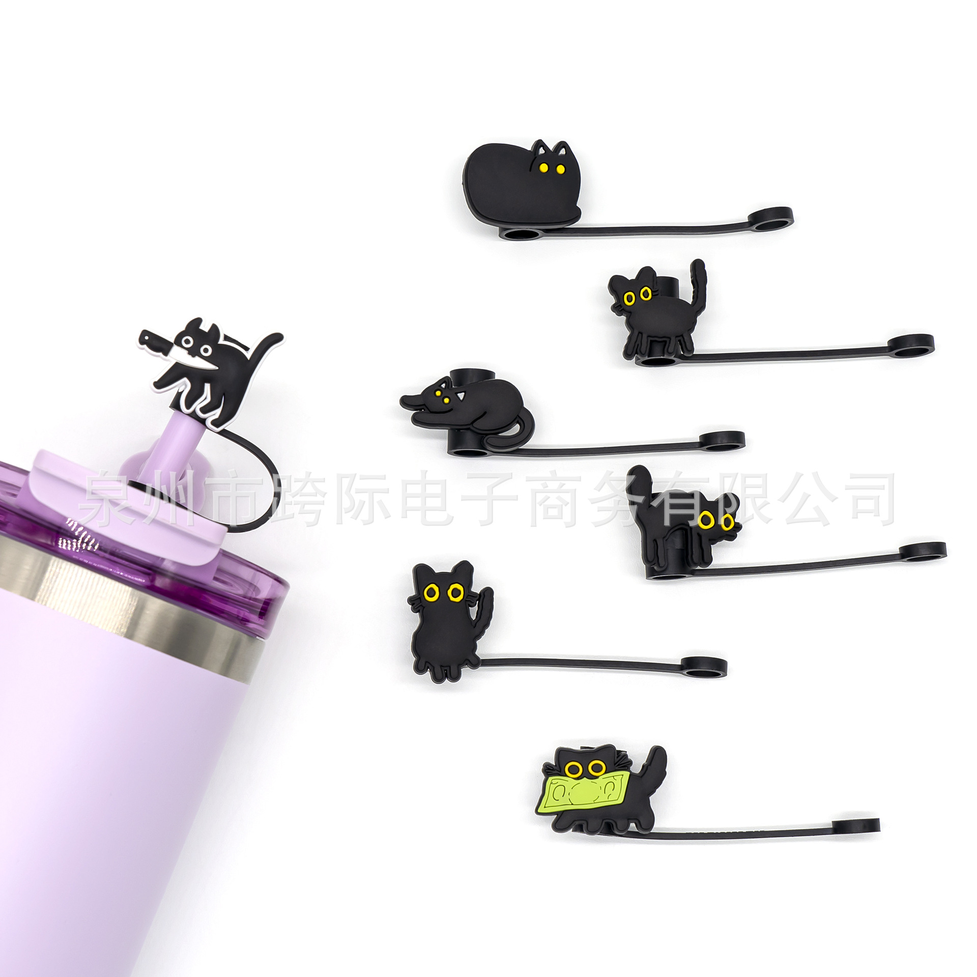 Wholesale Cross-border cartoon black cat silicone straw cap straw silicone lid c straw protective cover dust plug