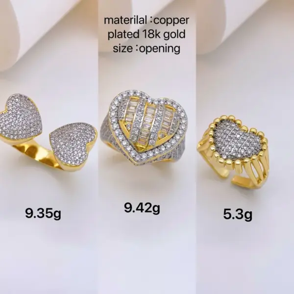 Wholesale Jewelry Classic Style Shiny Heart Shape Copper Zircon 18K Gold Plated Plating Open Rings