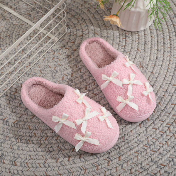 Wholesale Ins Popular Korean Style Bow Cotton Slippers for Girls, Cute and Warm Home Fur Slippers, Factory Ready Stock