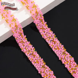 4 rose red rice beads + pointed golden rhinestones / 1.5cm double-layer hot melt adhesive rice beads rhinestone hot drill strip