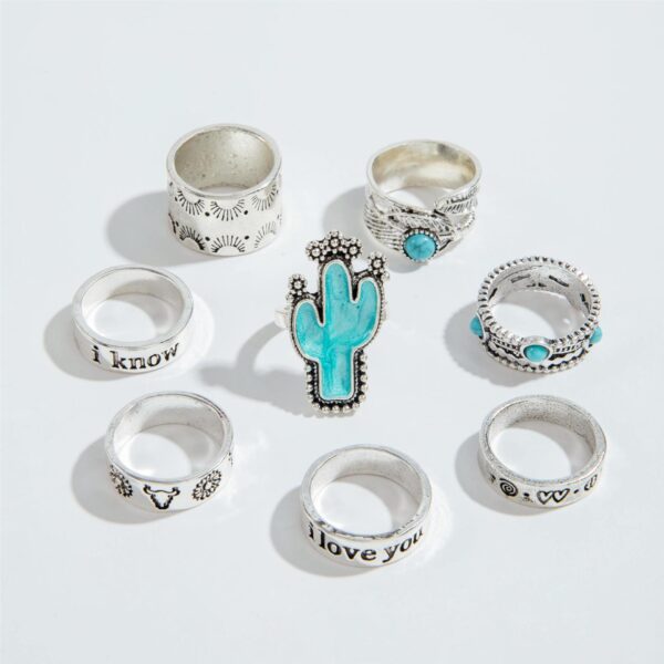 Wholesale new vintage ethnic style inlaid turquoise carved feather ring suit