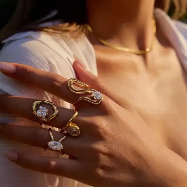 304 Stainless Steel Geometric PVD Coated Zircon Real Gold Plated Elegant Classical Romantic Waterproof Non Tarnish Inlay Rings