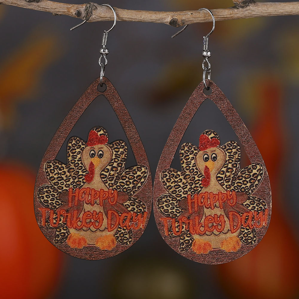 Wholesale New cross-border Thanksgiving leopard print lka dot turkey tearop-shaped hollowed-out pendant earrings, distressed wooden double-sided earri