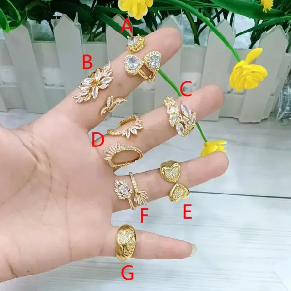 Wholesale Jewelry Vacation Modern Style Heart Shape Wings Grain Copper Zircon 18K Gold Plated Polishing Inlay Open Rings