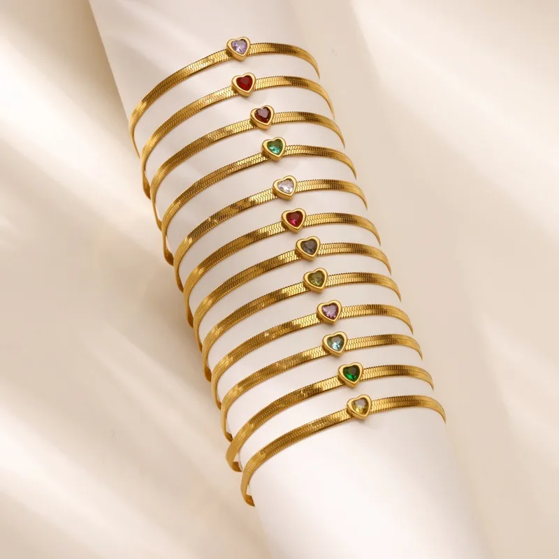 Wholesale Versatile Heart Shaped Birthday Stone Flat Snake Chain Bracelet 18K Gold Plated Snake Skin Minimalist Creative INS Style Women's Bracelet