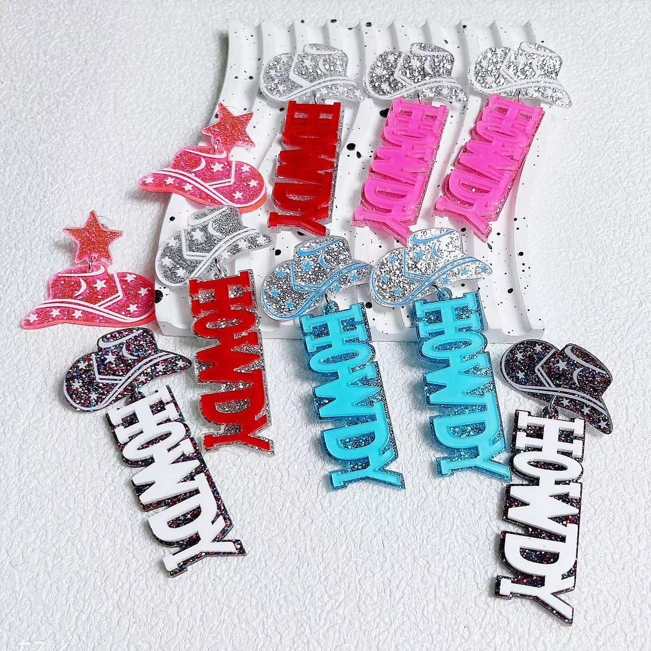 Wholesale Cross-border creative Western denim tribe acrylic HOWDY earrings female punk style hat earrings