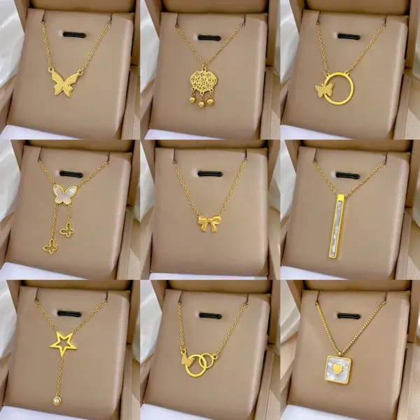 Wholesale PVD Coated Real Gold Plated Circle Letter Butterfly Titanium Steel Simple Style Waterproof Non Tarnish Necklace