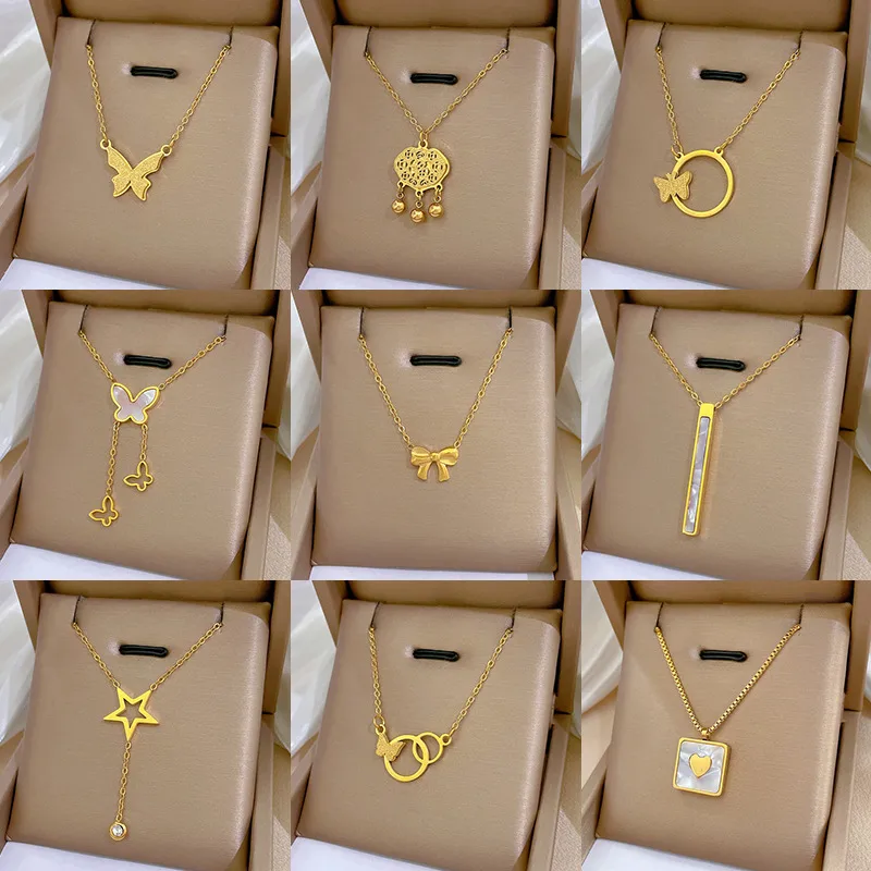 Wholesale PVD Coated Real Gold Plated Circle Letter Butterfly Titanium Steel Simple Style Waterproof Non Tarnish Necklace