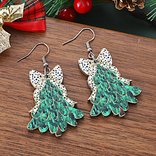 Wholesale Christmas Cow Pattern Bow Wooden Double-Sided Western Style Earrings