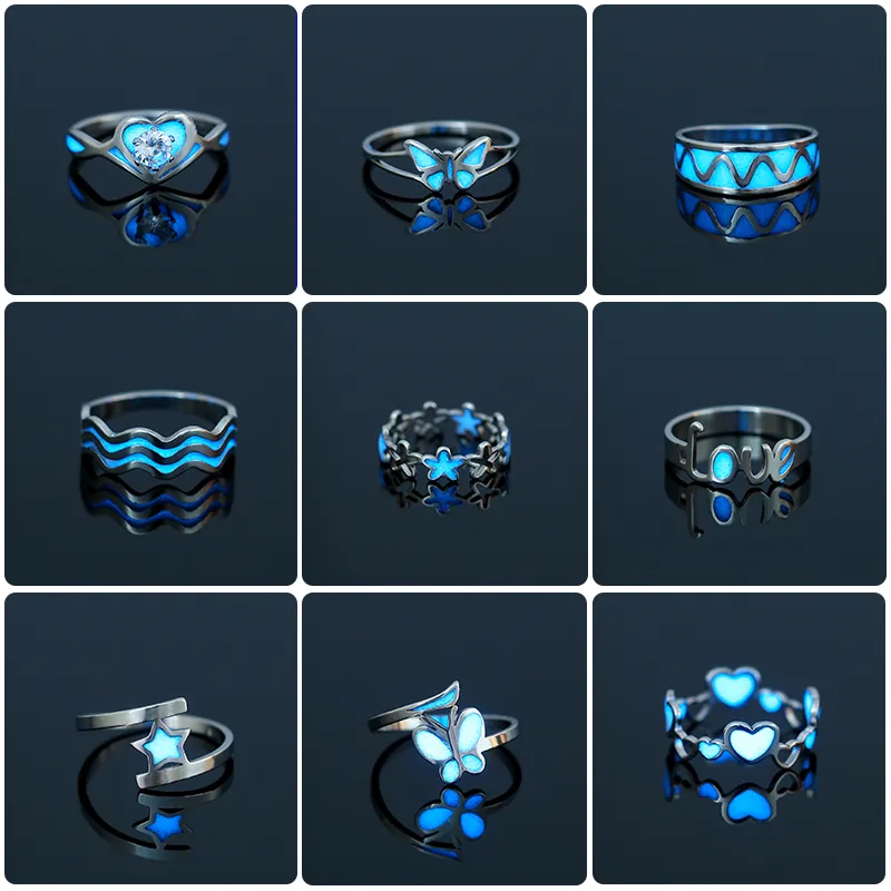 Wholesale Jewelry Sweet Heart Shape Butterfly 201 Stainless Steel Zircon Luminous Inlay Stainless Steel Rings