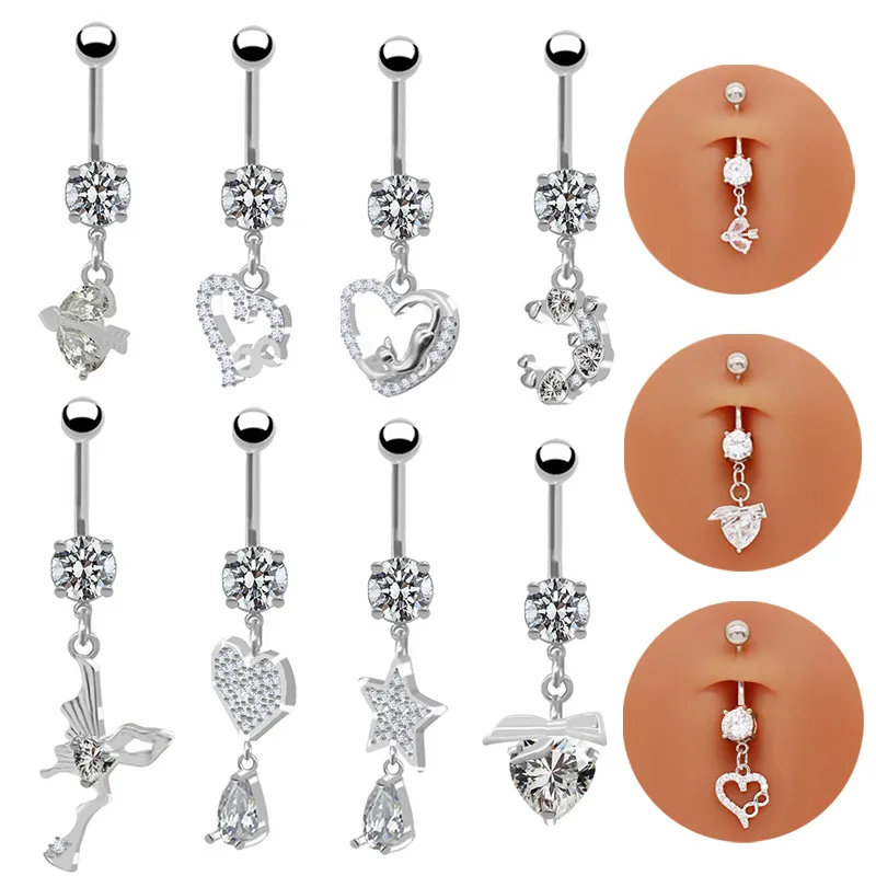 Wholesale 1 Piece 316L Stainless Steel Alloy Resin Rhinestones Glass Belly Rings Star Moon Heart Shape Waterproof Non Tarnish Surgical Steel White Gol