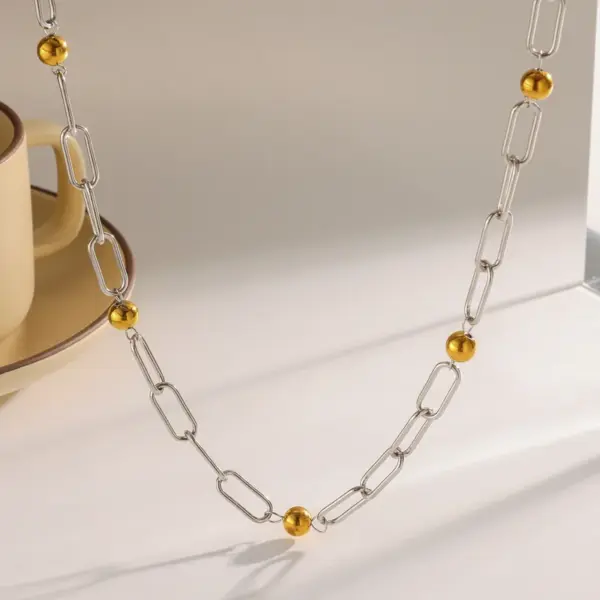 Vacuum Electroplating (In Furnace) Plated 18K Real Gold 201 Stainless Steel 303 Stainless Steel Round Beaded Chain Paper Clip Chain Lobster Clasp Necklace