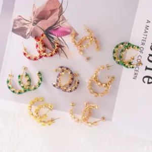 Wholesale 304 Stainless Steel C Shape Rhombus PVD Coated Zircon 18K Gold Plated IG Style Baroque Style Shiny Waterproof Non Tarnish Inlay Royal Blue Red Gold Ear Studs