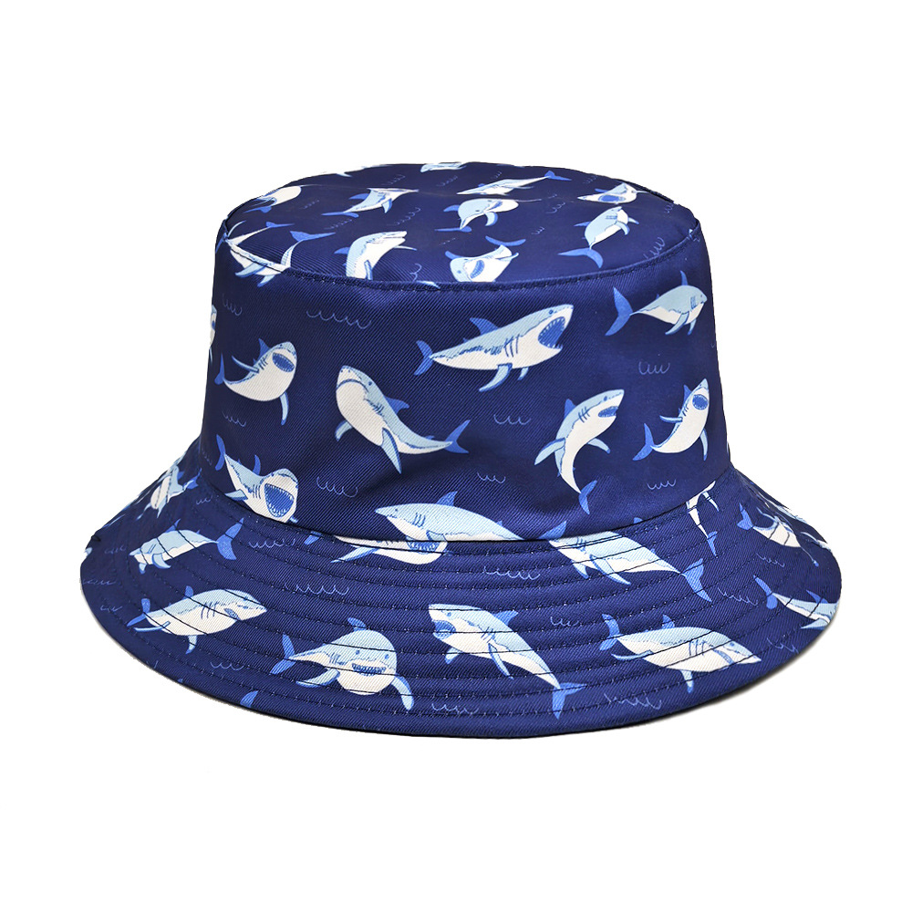 Wholesale New Undersea Animal Shark Pattern Printed Fisherman Hat Women's European and American Men's Outdoor Double-Sided Sunscreen Hat Basin Hat