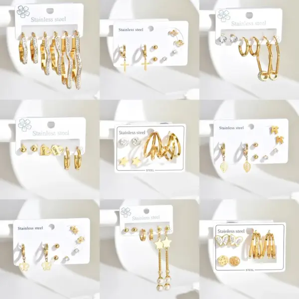 Three Pairs Fashion 304 Stainless Steel 18K Gold Plated Diamond Inlaid Asymmetric Star Circle Earrings Set For Women