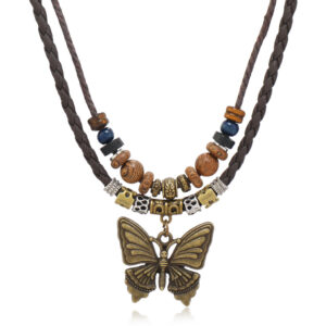 Brown leather rope butterfly pendant