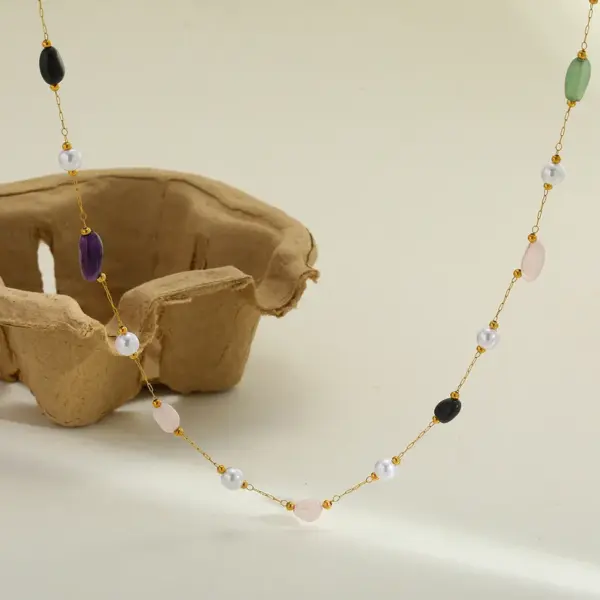 Wholesale Vacuum Electroplating (In Furnace) Plated 18K Real Gold Geometric Pattern Oval 304 Stainless Steel Imitation Pearl Natural Stone Elegant Romantic Lobster Clasp Necklace