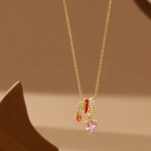 X08285 [Copper Pendant] Pink Diamond Heart Necklace - / Gold