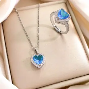 XL727 Ocean Blue Heart Necklace and Ring Set / Silver