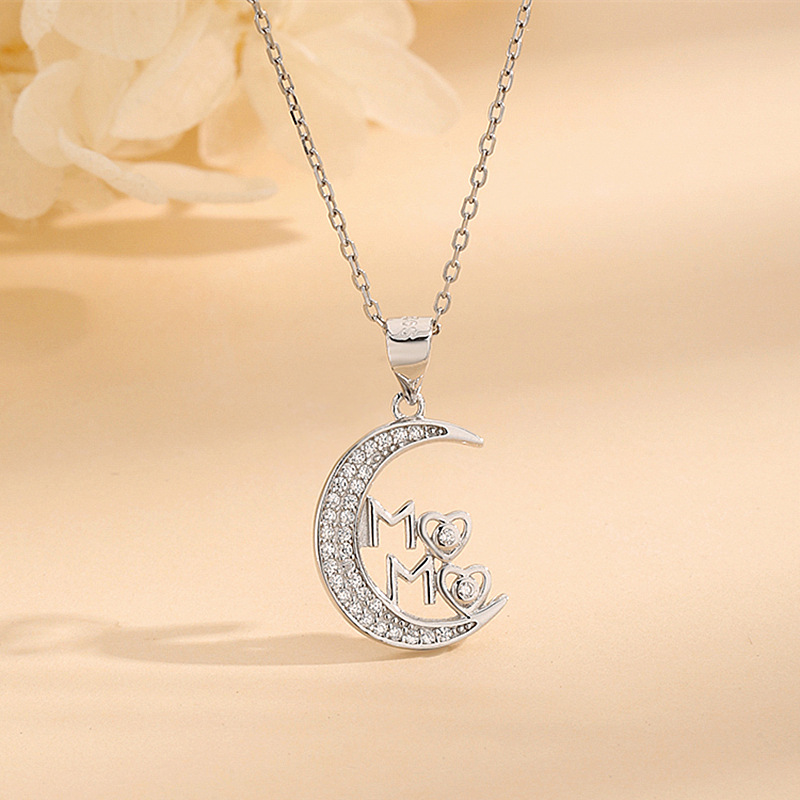 Wholesale Cross-border fashion moon MAMA pendant necklace female S925 sterling sier diamond set chain mother's day gift factory