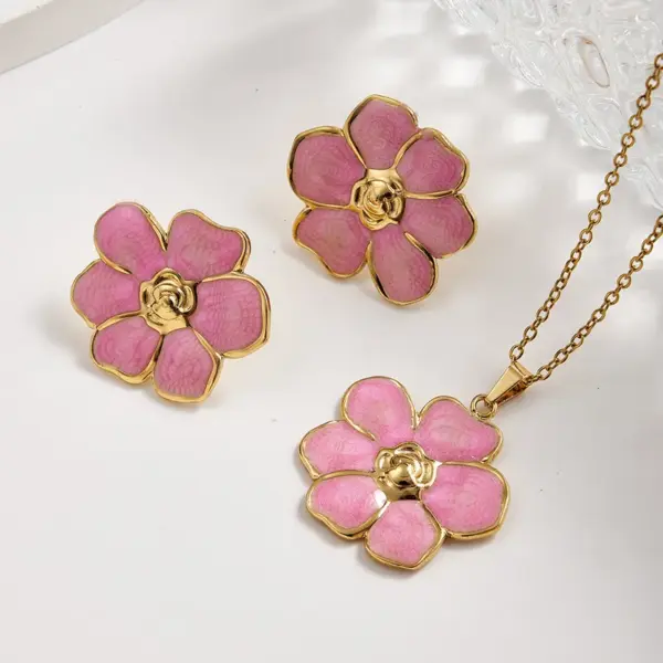 Wholesale European And American Hot-Selling Fashion INS Style 304 Stainless Steel Water Plated Imitation Gold Colorful Oil Drop Flower Earrings Necklace Jewelry Set