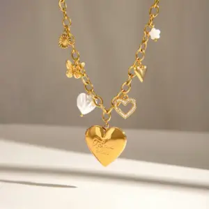 Wholesale Jewelry Simple Style Classic Style Heart Shape Flower Butterfly 304 Stainless Steel Zircon PVD Coated Pearl Hollow Out Inlay Cable Chain Multi Charms Necklace