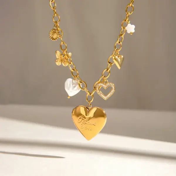 Wholesale Jewelry Simple Style Classic Style Heart Shape Flower Butterfly 304 Stainless Steel Zircon PVD Coated Pearl Hollow Out Inlay Cable Chain Multi Charms Necklace