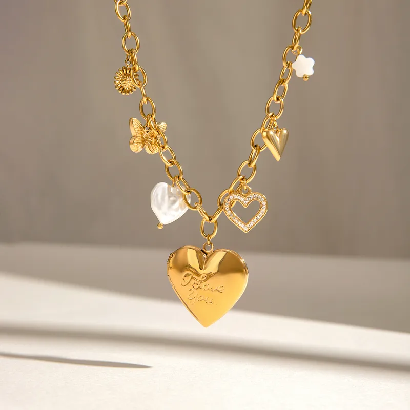 Wholesale Jewelry Simple Style Classic Style Heart Shape Flower Butterfly 304 Stainless Steel Zircon PVD Coated Pearl Hollow Out Inlay Cable Chain Mul