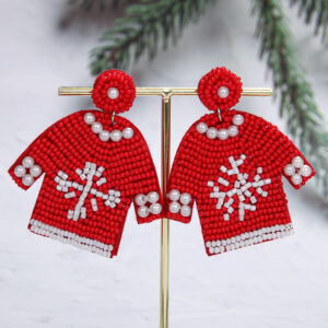 1 Pair Red Sweater Snowflake Pattern Rice Bead Earrings