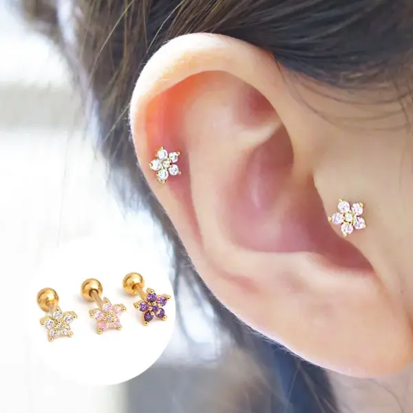 316L Stainless Steel Copper Zircon Ear Cartilage Rings & Studs Flower Waterproof Non Tarnish Surgical Steel Women'S