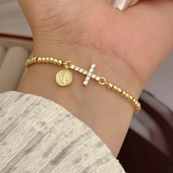 18K Gold Plated Copper Plated Cross Saint Benedict Virgin Mary Elegant Religion Classic Style Ball Chain Bracelets Drawstring Bracelets For Unisex