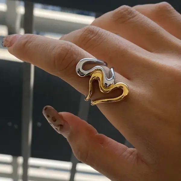 304 Stainless Steel Heart Shape Lines PVD Coated 18K Real Gold Plated Real Gold Plated Elegant Simple Style Classic Style Waterproof Non Tarnish Mixed Metal Hollow Out Rings